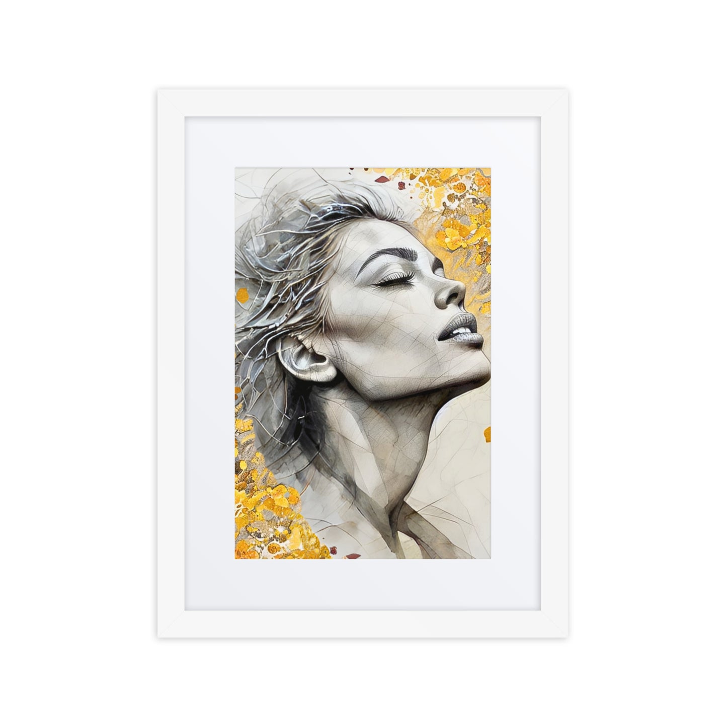 Black framed poster with mat showcasing a serene watercolor portrait of a woman's face with golden floral accents. Elegant and inspirational wall art for home decor.