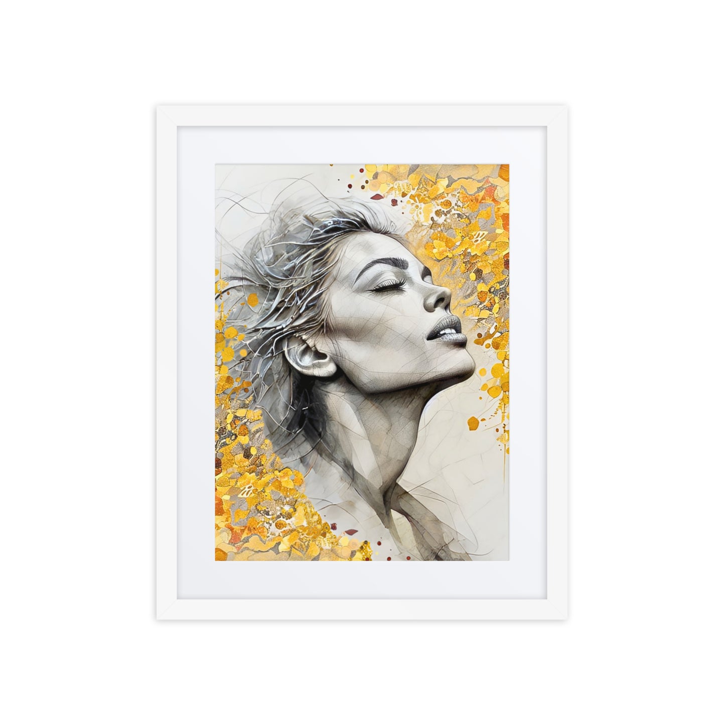 Black framed poster with mat showcasing a serene watercolor portrait of a woman's face with golden floral accents. Elegant and inspirational wall art for home decor.