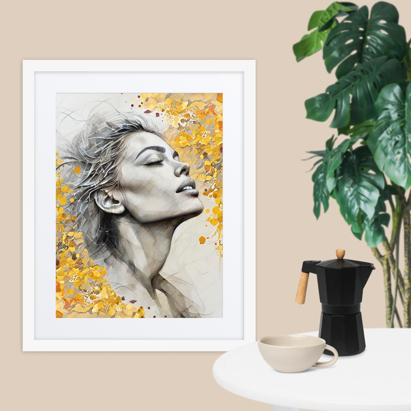 Black framed poster with mat showcasing a serene watercolor portrait of a woman's face with golden floral accents. Elegant and inspirational wall art for home decor.