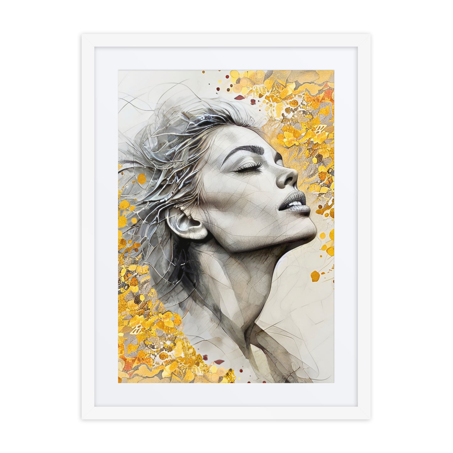 Black framed poster with mat showcasing a serene watercolor portrait of a woman's face with golden floral accents. Elegant and inspirational wall art for home decor.