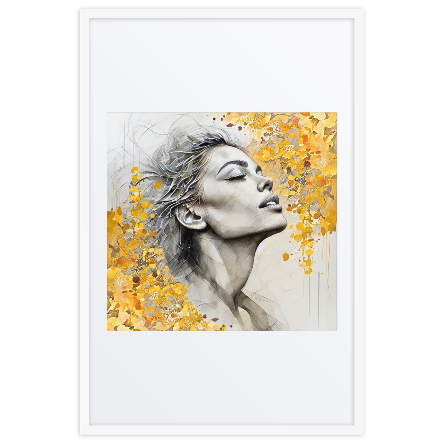 Black framed poster with mat showcasing a serene watercolor portrait of a woman's face with golden floral accents. Elegant and inspirational wall art for home decor.