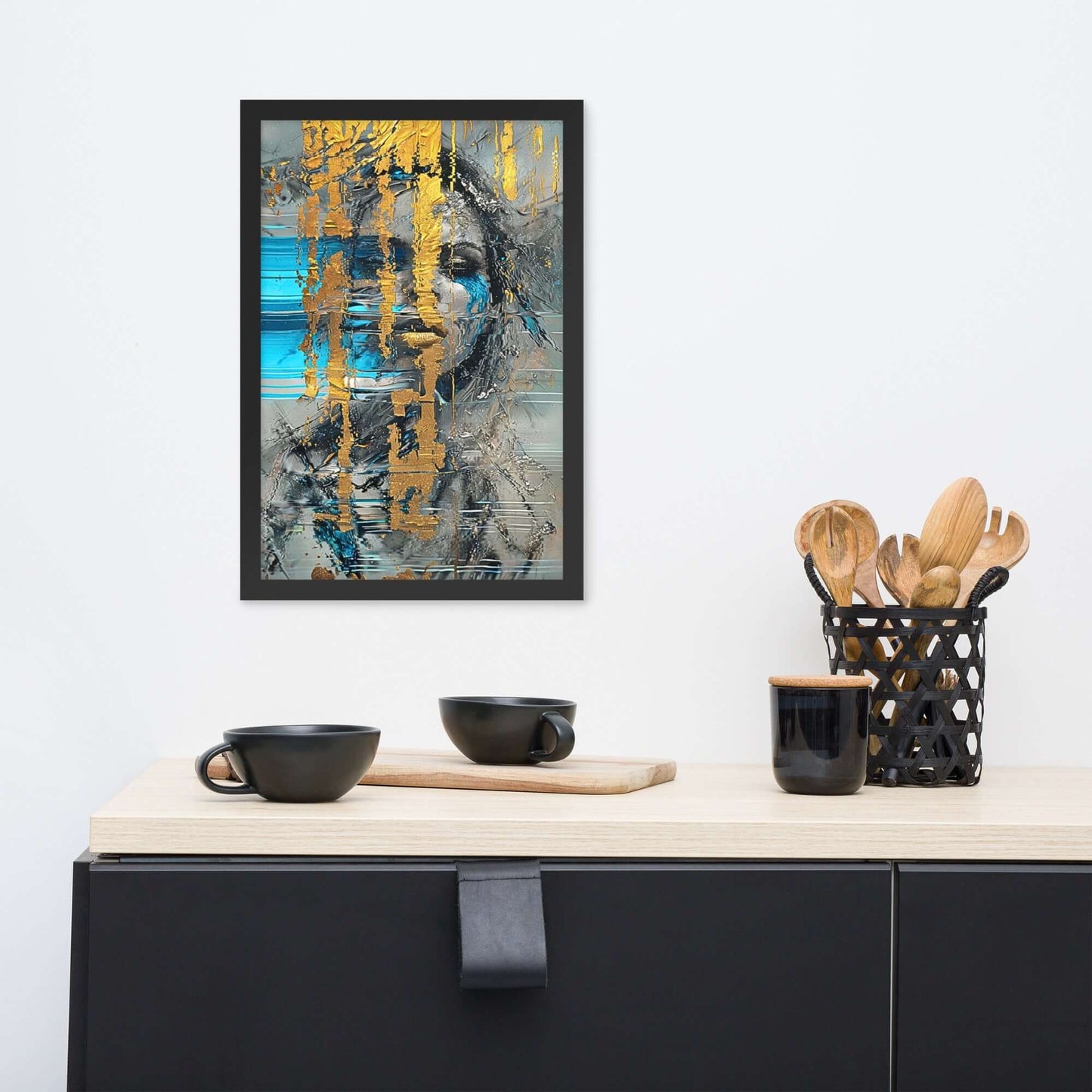 Black framed "{{product-type}}" with a person holding a vibrant rainbow umbrella on a black and white rainy street. The "{{title}}" design is a powerful symbol of hope and resilience.