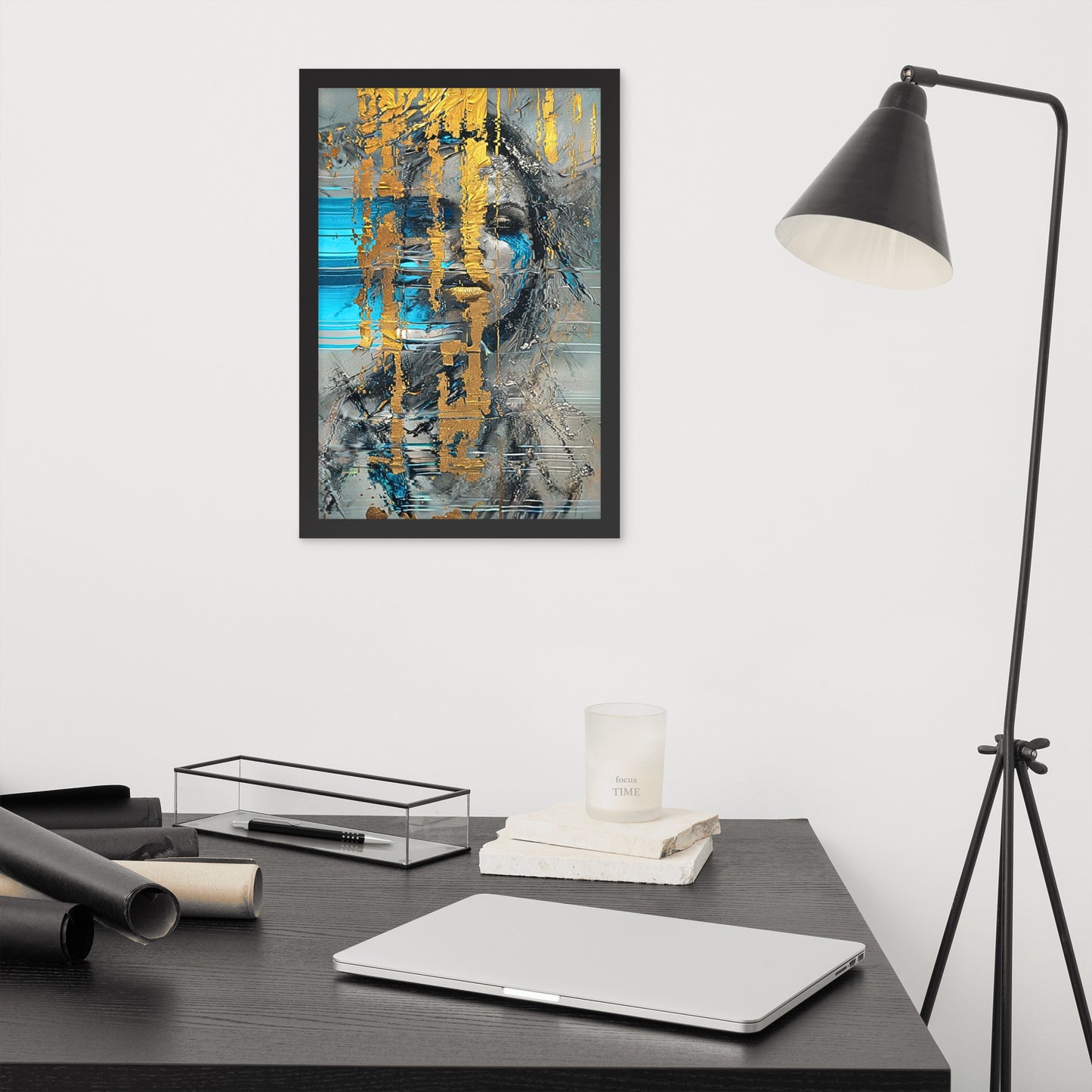 Black framed "{{product-type}}" with a person holding a vibrant rainbow umbrella on a black and white rainy street. The "{{title}}" design is a powerful symbol of hope and resilience.