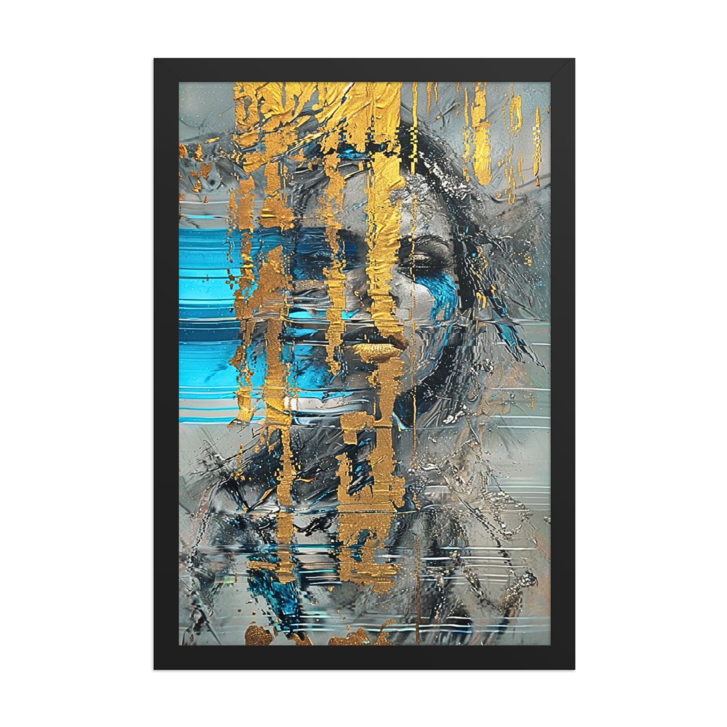 Black framed "{{product-type}}" with a person holding a vibrant rainbow umbrella on a black and white rainy street. The "{{title}}" design is a powerful symbol of hope and resilience.