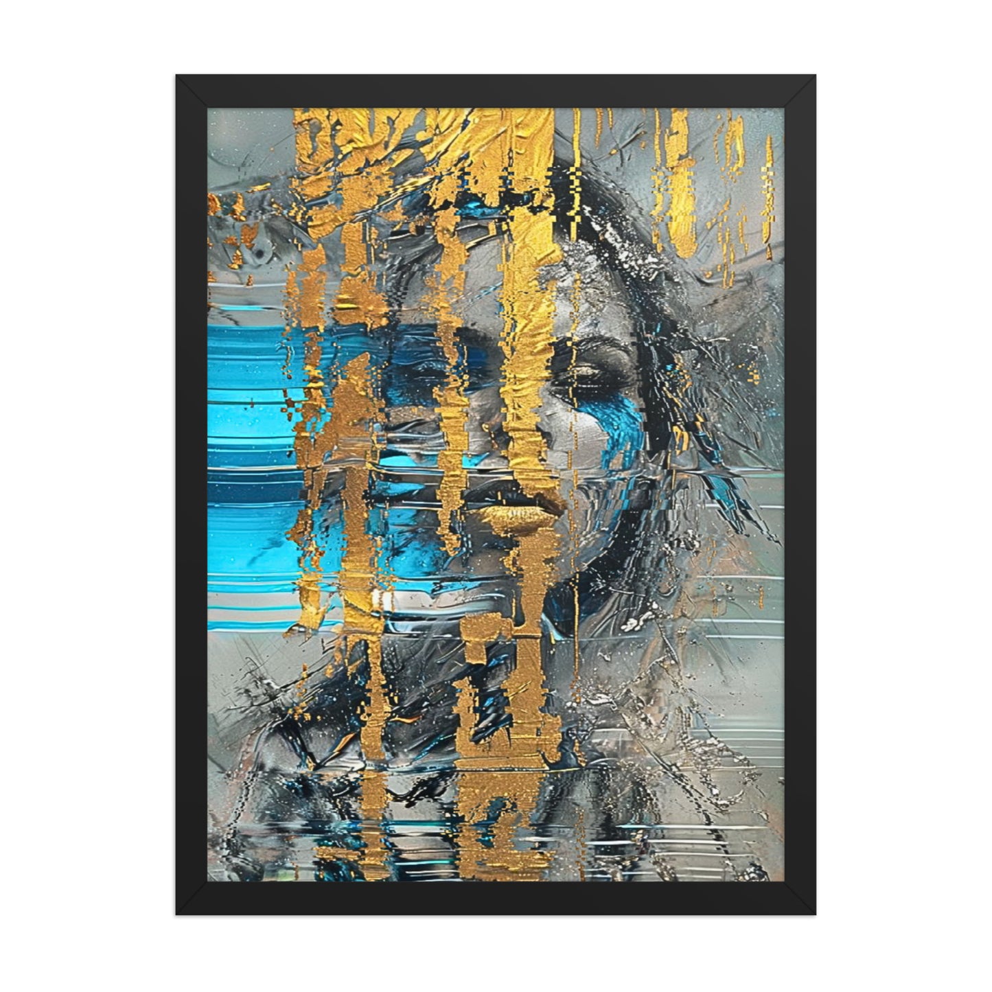 Black framed "{{product-type}}" with a person holding a vibrant rainbow umbrella on a black and white rainy street. The "{{title}}" design is a powerful symbol of hope and resilience.