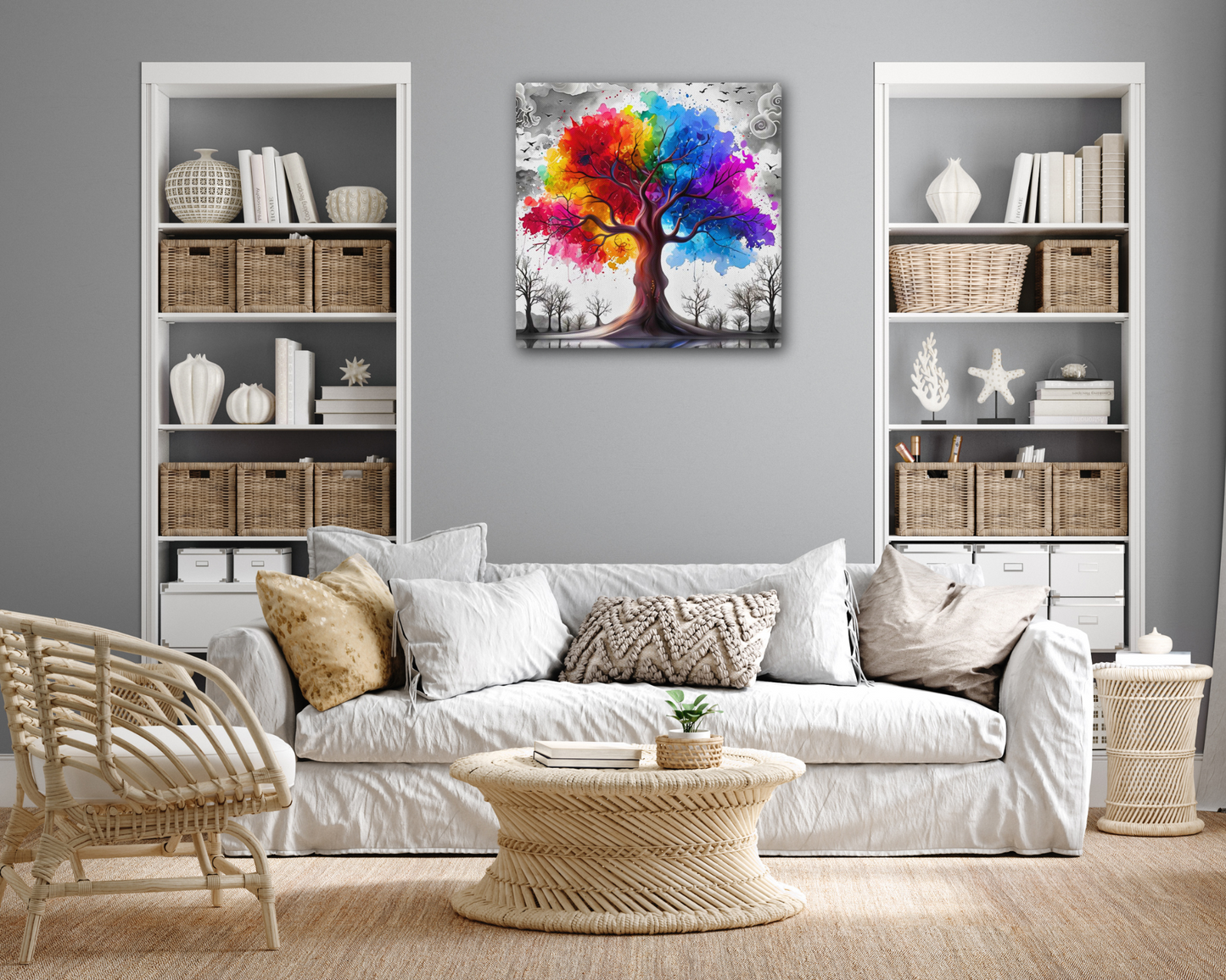 Canvas wall art titled 'Rainbow Tree of Life,' featuring a vibrant tree with multicolored branches against a bold contrasting background, perfect for inspiring and colorful home decor.