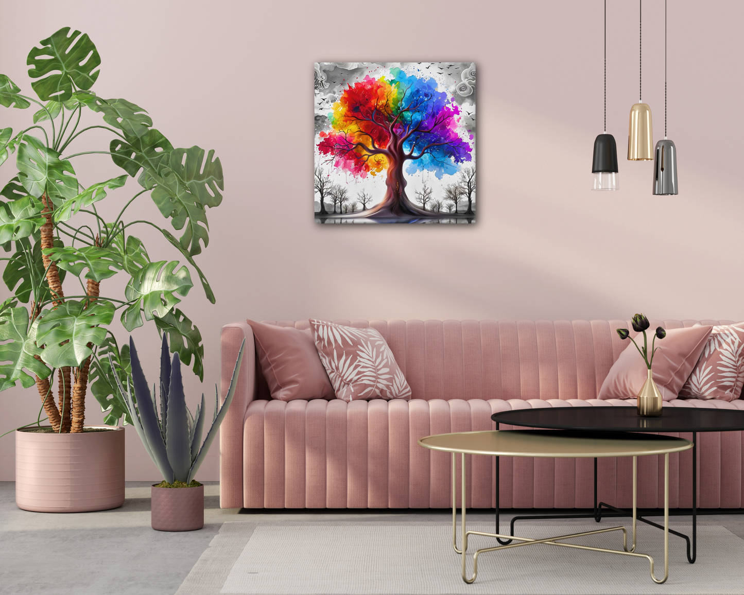 Canvas wall art titled 'Rainbow Tree of Life,' featuring a vibrant tree with multicolored branches against a bold contrasting background, perfect for inspiring and colorful home decor.