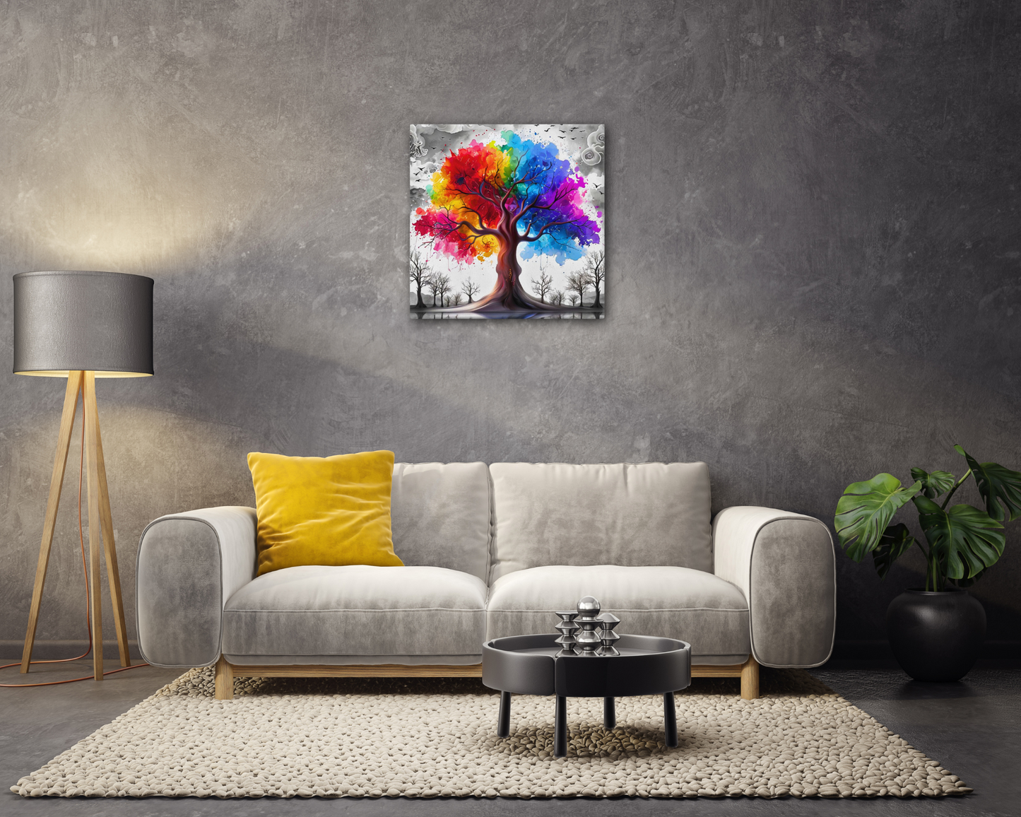 Canvas wall art titled 'Rainbow Tree of Life,' featuring a vibrant tree with multicolored branches against a bold contrasting background, perfect for inspiring and colorful home decor.