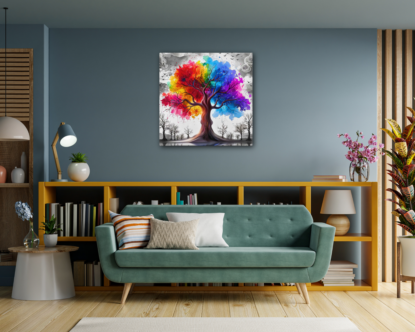 Canvas wall art titled 'Rainbow Tree of Life,' featuring a vibrant tree with multicolored branches against a bold contrasting background, perfect for inspiring and colorful home decor.