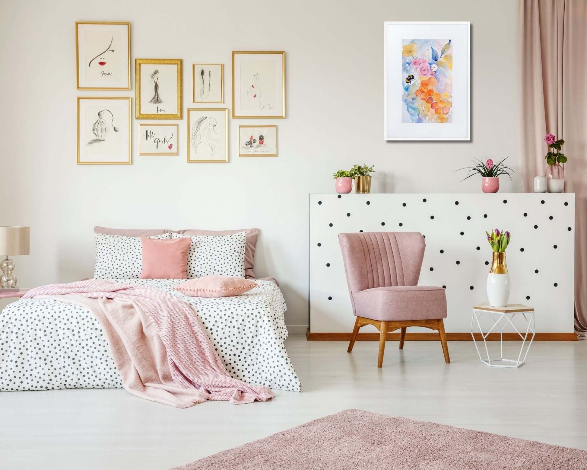 Framed "{{product-type}}" with abstract watercolour flowers in calm, pastel colors. The "{{title}}" design is perfect for creating a serene and joyful space.