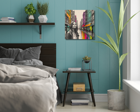 Canvas art titled 'Urban Soul,' featuring a street scene with a woman in a raincoat under city lights, perfect for modern urban and atmospheric home decor.