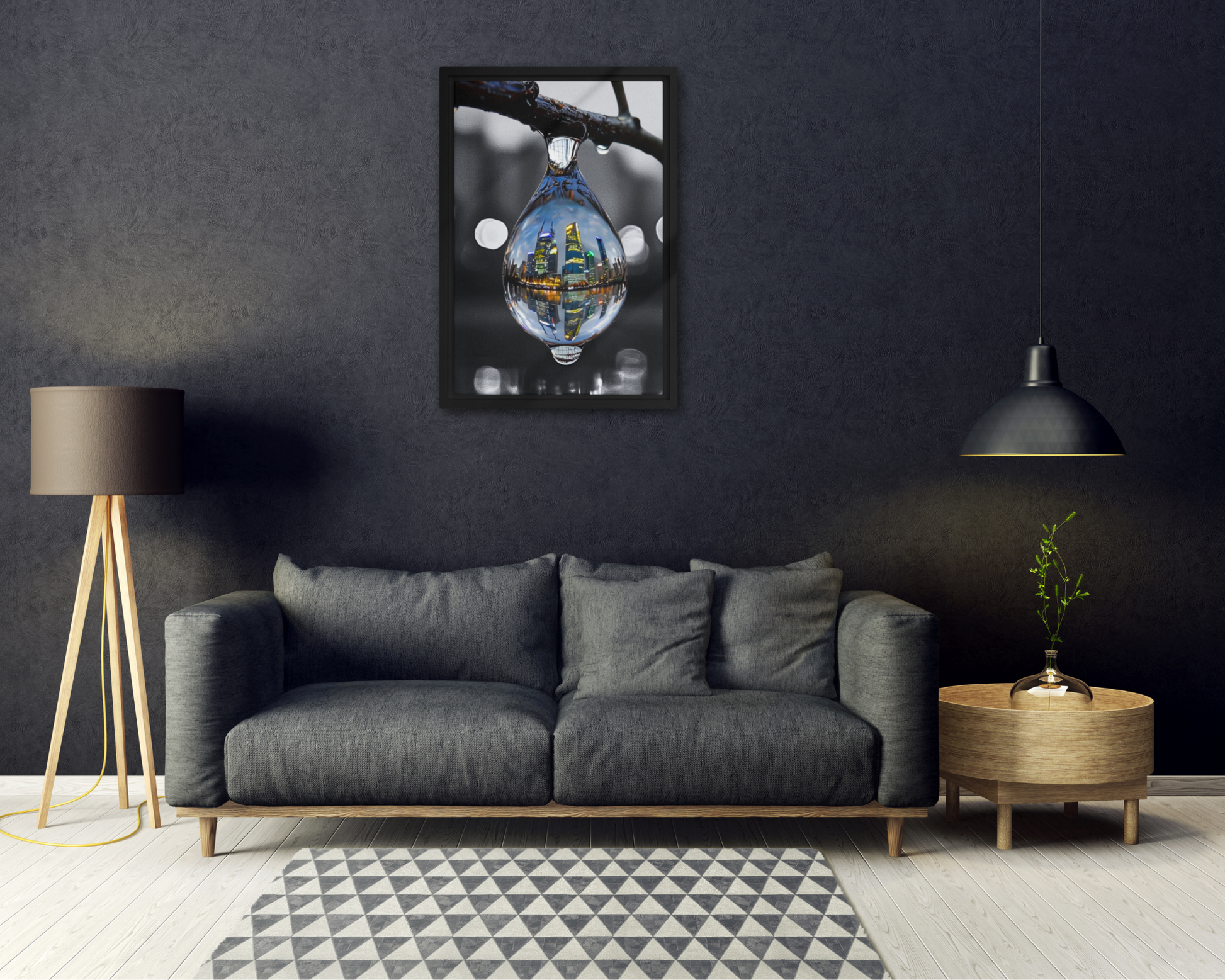 Framed canvas art print of a colorful city skyline reflected in a water droplet. Features unique abstract photography with vibrant colors against a monochrome background. Modern and stylish wall decor.