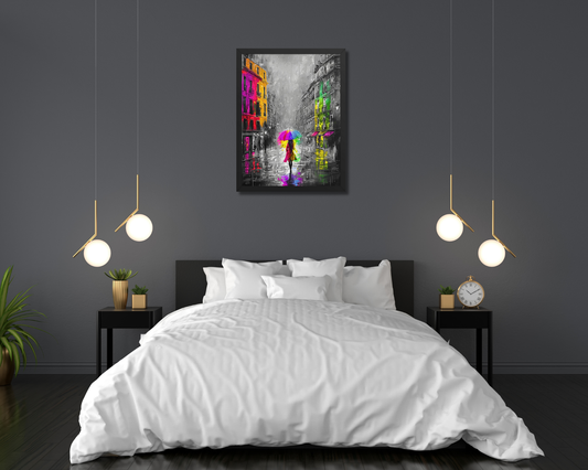 Black framed "{{product-type}}" featuring an abstract black and white portrait with splashes of gold. The "{{title}}" design is an elegant and modern piece of art for inner peace.
