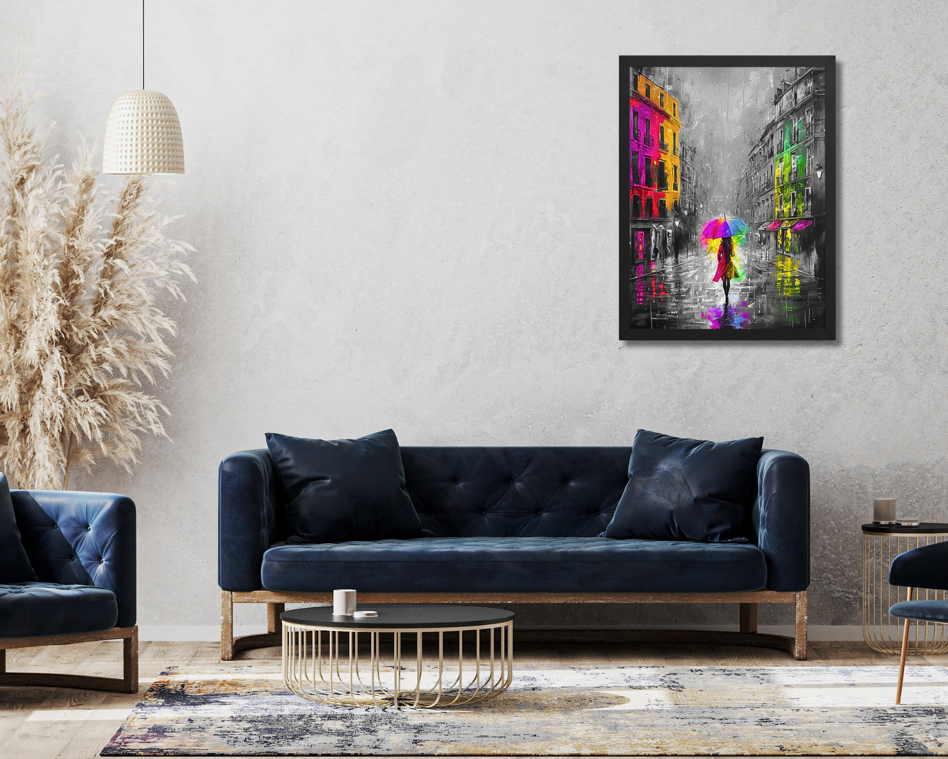 Black framed "{{product-type}}" featuring an abstract black and white portrait with splashes of gold. The "{{title}}" design is an elegant and modern piece of art for inner peace.