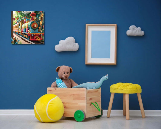 Stretched "{{product-type}}" with a colorful cross-stitch design of a train. The "{{title}}" art is a charming and unique decor piece for a child's nursery.