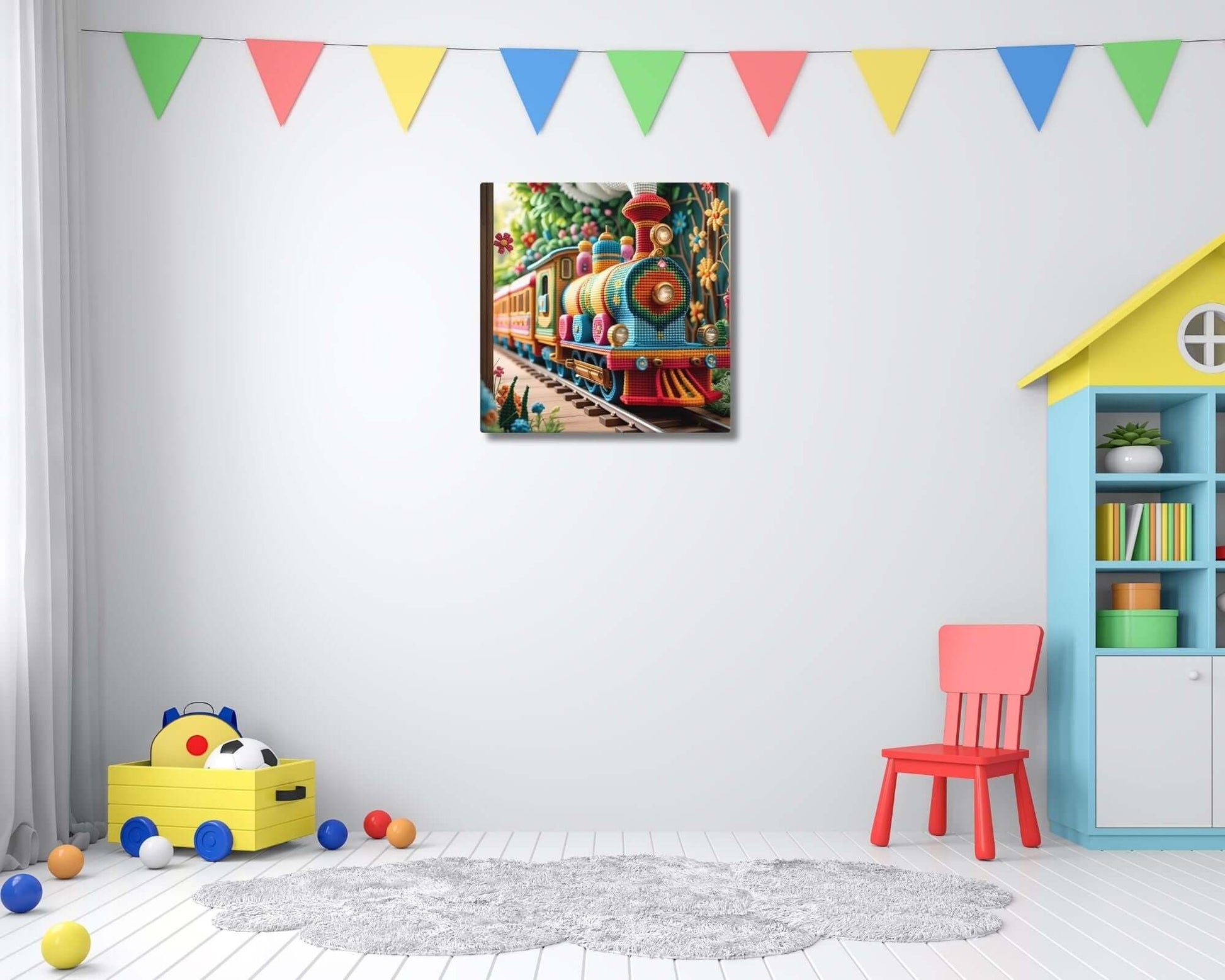 Stretched "{{product-type}}" with a colorful cross-stitch design of a train. The "{{title}}" art is a charming and unique decor piece for a child's nursery.