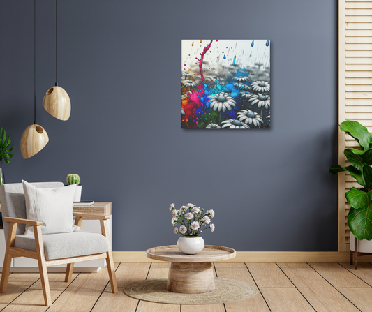 Canvas art titled 'Color Burst Daisy,' featuring an abstract daisy flower with vibrant, colorful brushstrokes, perfect for bold and modern home decor.