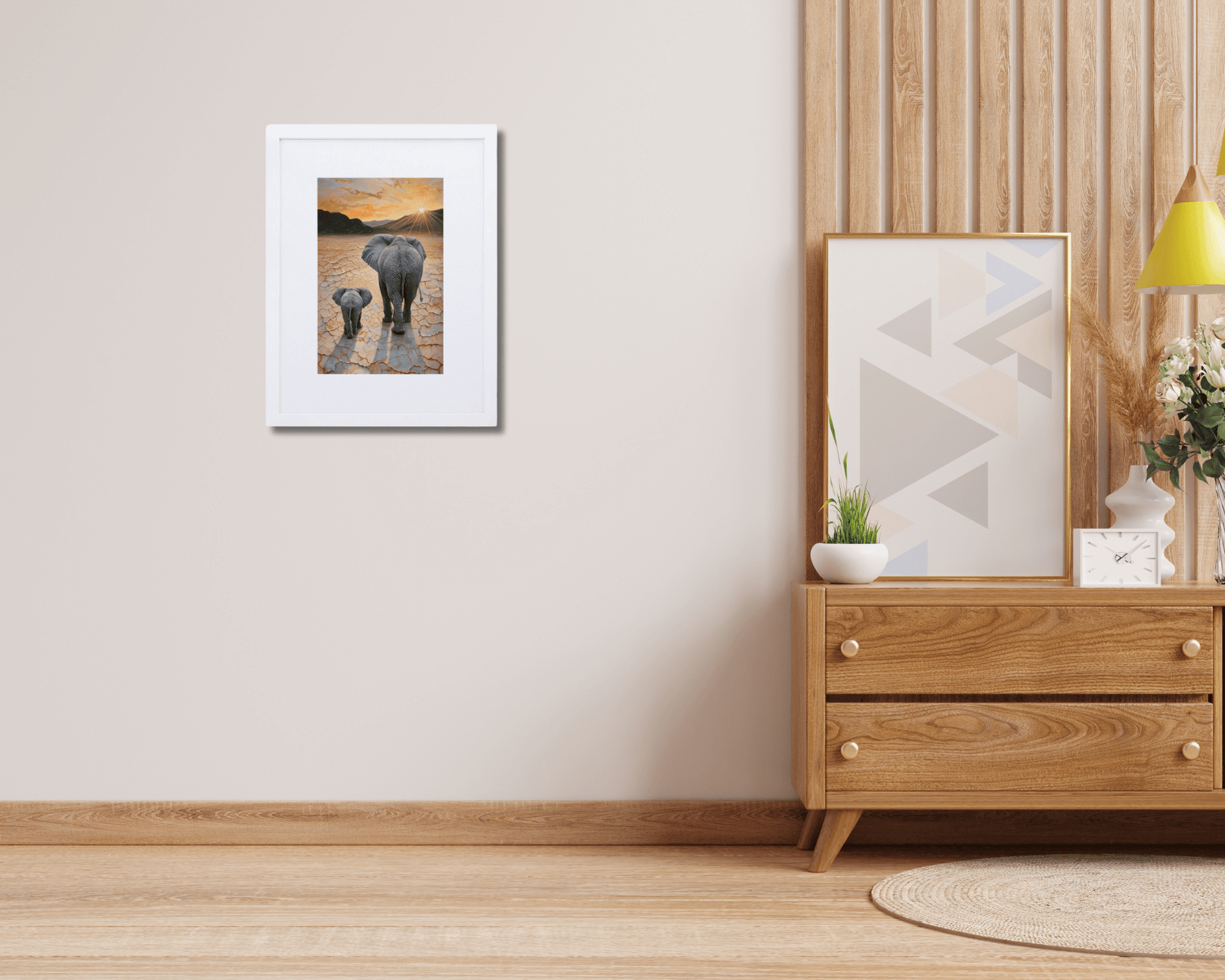 Framed "{{product-type}}" featuring a mother and baby elephant with the title "{{title}}". A thoughtful nursery and new mum gift.