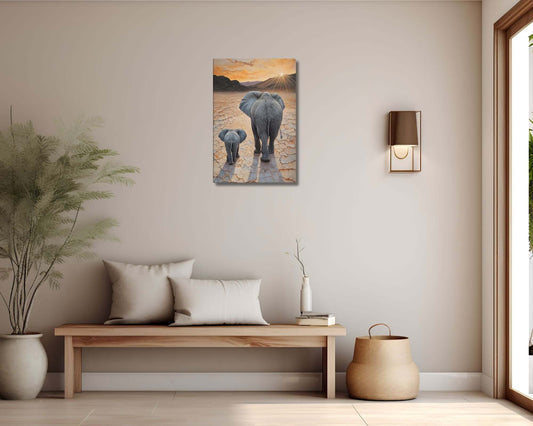 Stretched "{{product-type}}" with a mother and baby elephant at sunset, symbolising motherhood and family. The "{{title}}" design is ideal for nursery art.