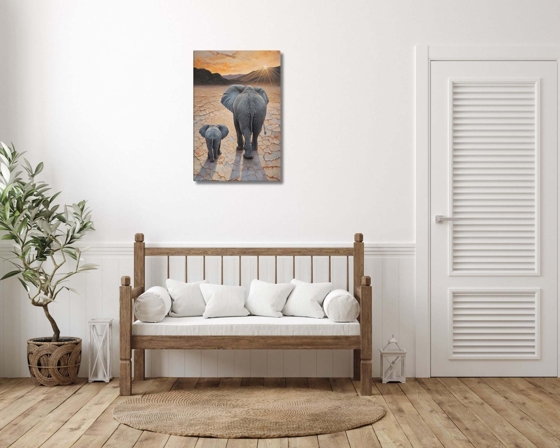 Stretched "{{product-type}}" with a mother and baby elephant at sunset, symbolising motherhood and family. The "{{title}}" design is ideal for nursery art.