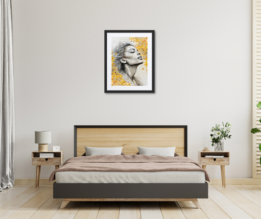Black framed poster with mat showcasing a serene watercolor portrait of a woman's face with golden floral accents. Elegant and inspirational wall art for home decor.