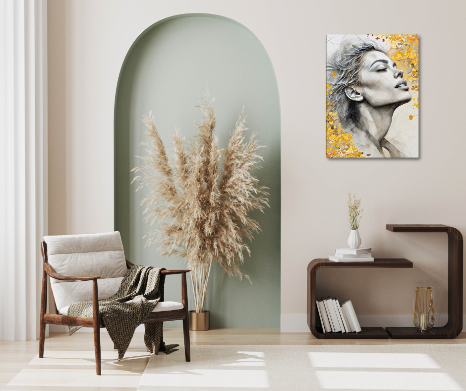 Abstract watercolor portrait of a woman's profile with a vibrant yellow and gold floral background. Feminine and inspirational modern wall art canvas.