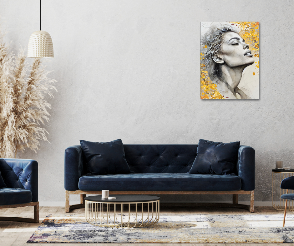 Abstract watercolor portrait of a woman's profile with a vibrant yellow and gold floral background. Feminine and inspirational modern wall art canvas.