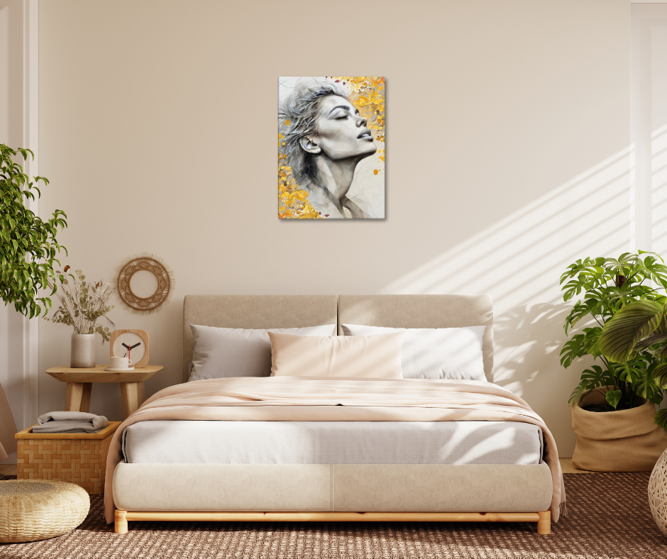 Abstract watercolor portrait of a woman's profile with a vibrant yellow and gold floral background. Feminine and inspirational modern wall art canvas.