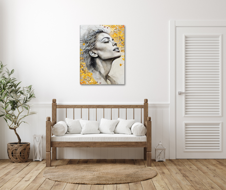 Abstract watercolor portrait of a woman's profile with a vibrant yellow and gold floral background. Feminine and inspirational modern wall art canvas.