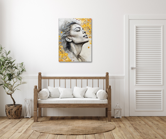 Abstract watercolor portrait of a woman's profile with a vibrant yellow and gold floral background. Feminine and inspirational modern wall art canvas.