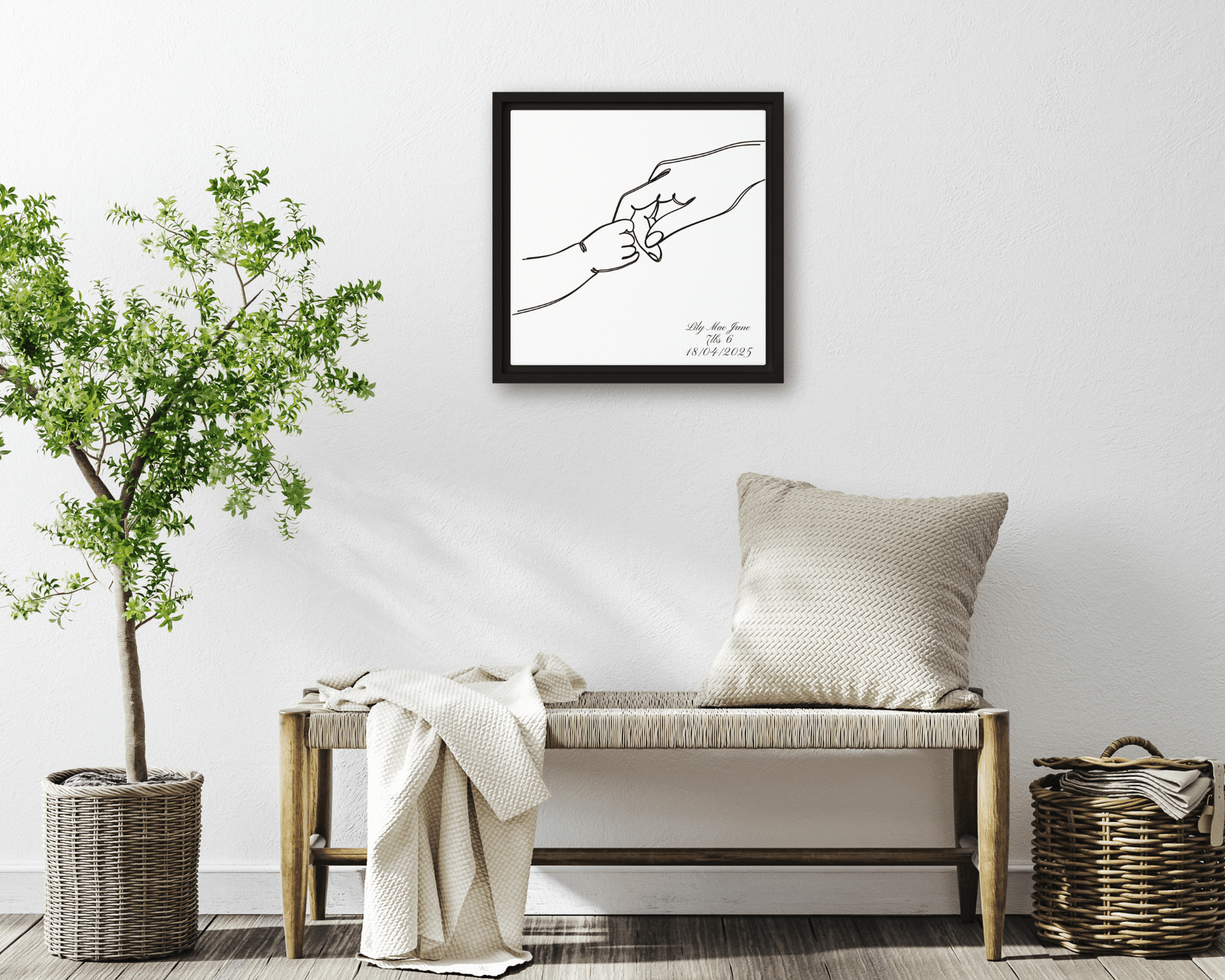 Black framed "{{product-type}}" with a personalised line art drawing of a mother's hand holding a baby's hand. The "{{title}}" design is a perfect new mum gift.