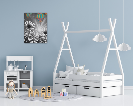 Vibrant colorful hot air balloons floating over a black and white daisy field. Unique contrast photography art print for modern and eclectic home decor.
