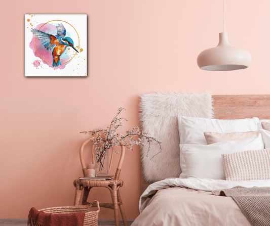 Stretched "{{product-type}}" featuring a vibrant watercolour kingfisher in flight with a pink and blue splash and gold accents. The "{{title}}" design is a beautiful piece of nature art.