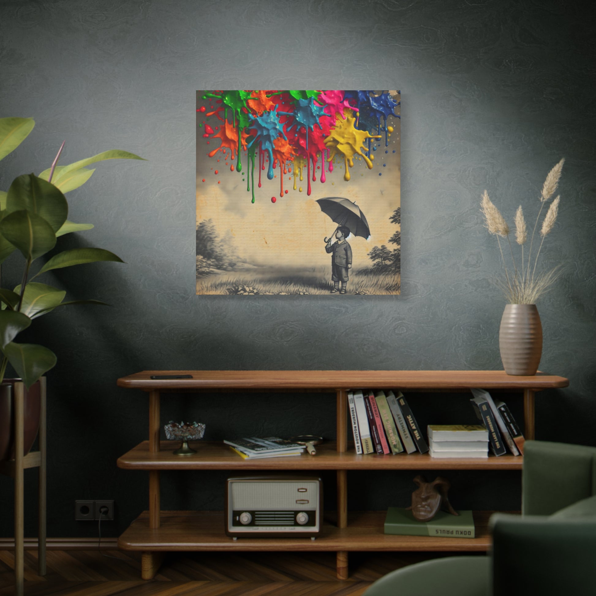 Canvas art titled 'Colorful Imagination,' featuring a child holding an umbrella surrounded by vibrant paint splashes, perfect for playful and creative home decor.