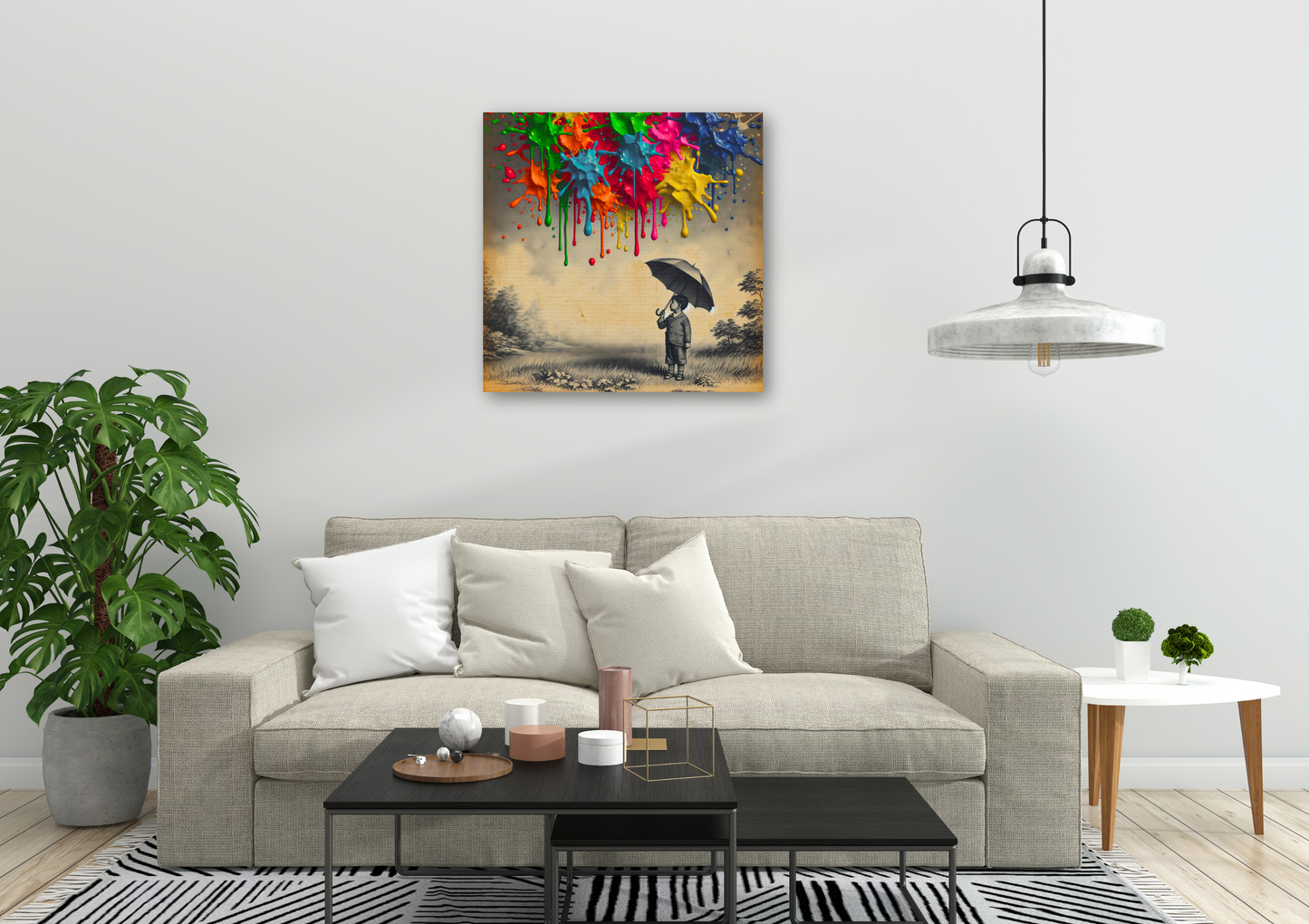 Canvas art titled 'Colorful Imagination,' featuring a child holding an umbrella surrounded by vibrant paint splashes, perfect for playful and creative home decor.