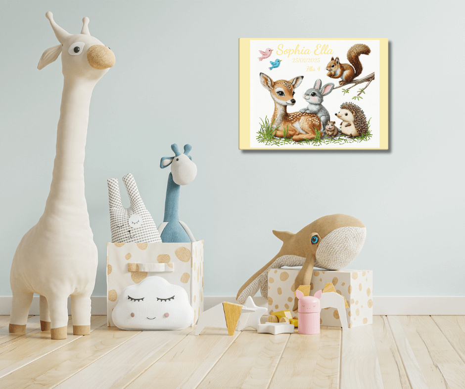 Personalized baby birth announcement canvas featuring custom name, date of birth, and weight, with a choice of border color, perfect for nursery decor or a heartfelt gift.