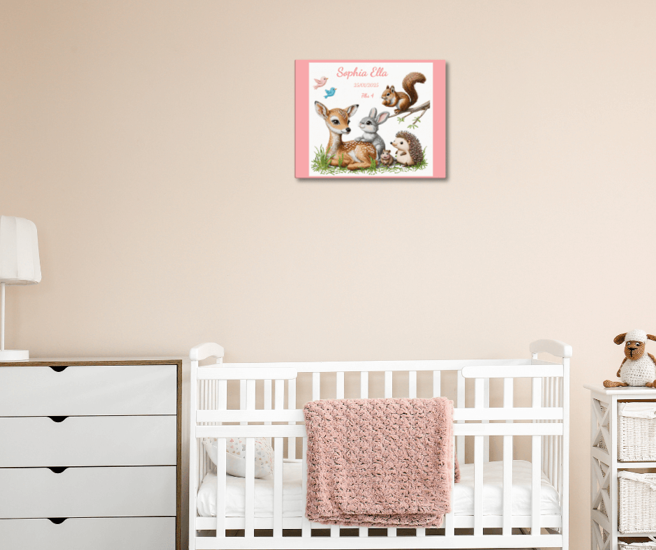 Personalized baby birth announcement canvas featuring custom name, date of birth, and weight, with a choice of border color, perfect for nursery decor or a heartfelt gift.