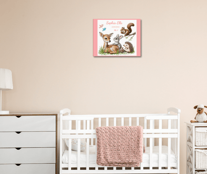Personalized baby birth announcement canvas featuring custom name, date of birth, and weight, with a choice of border color, perfect for nursery decor or a heartfelt gift.