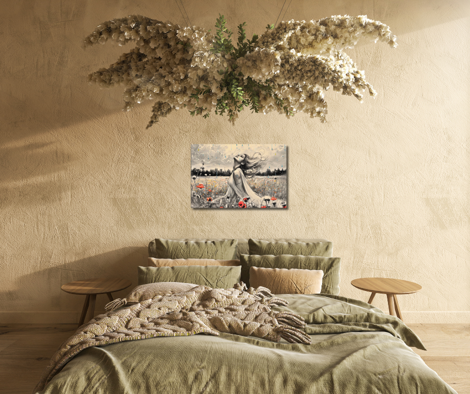 Canvas art titled 'Freedom in the Rain,' featuring a woman standing in a vibrant poppy field under a gentle rain, perfect for nature-inspired and emotional home decor.