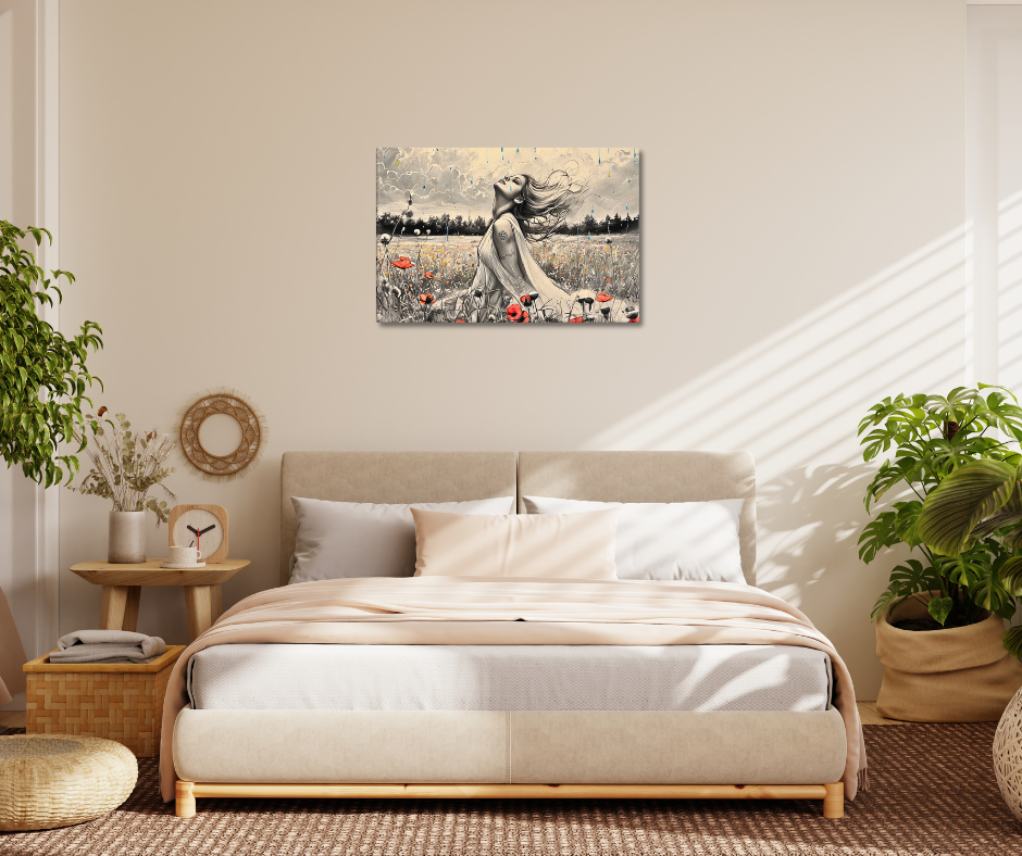 Canvas art titled 'Freedom in the Rain,' featuring a woman standing in a vibrant poppy field under a gentle rain, perfect for nature-inspired and emotional home decor.