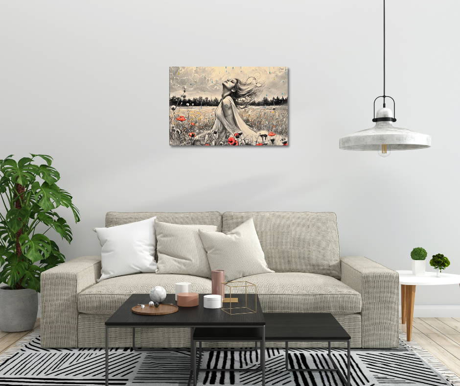 Canvas art titled 'Freedom in the Rain,' featuring a woman standing in a vibrant poppy field under a gentle rain, perfect for nature-inspired and emotional home decor.