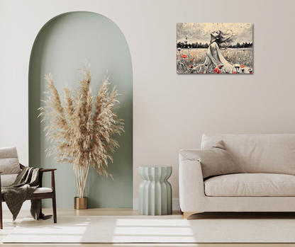 Canvas art titled 'Freedom in the Rain,' featuring a woman standing in a vibrant poppy field under a gentle rain, perfect for nature-inspired and emotional home decor.