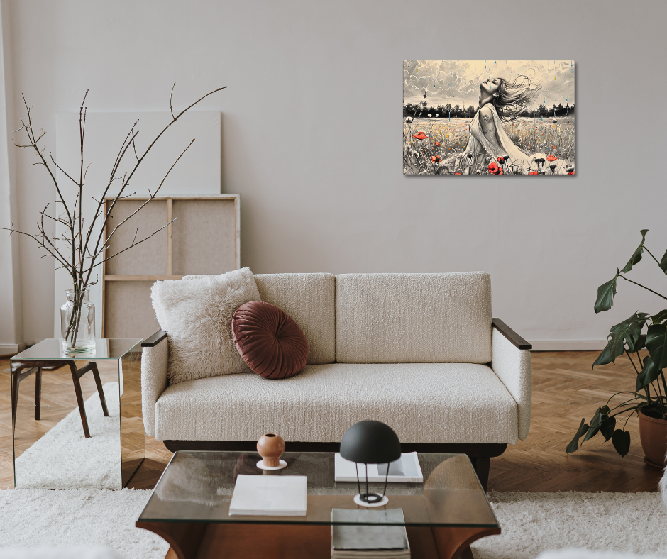 Canvas art titled 'Freedom in the Rain,' featuring a woman standing in a vibrant poppy field under a gentle rain, perfect for nature-inspired and emotional home decor.