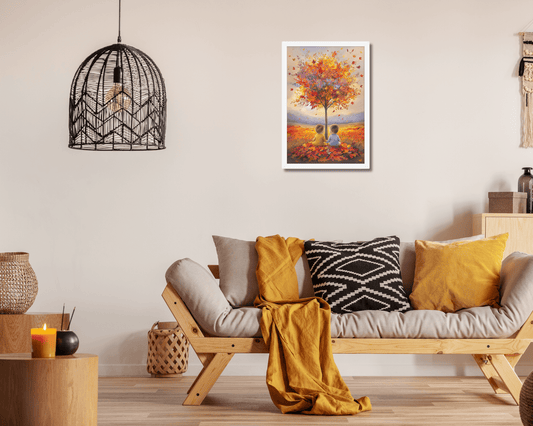 Framed "{{product-type}}" featuring two children sitting under a colorful autumn tree. The "{{title}}" design is a beautiful piece of art for a family home or nursery.