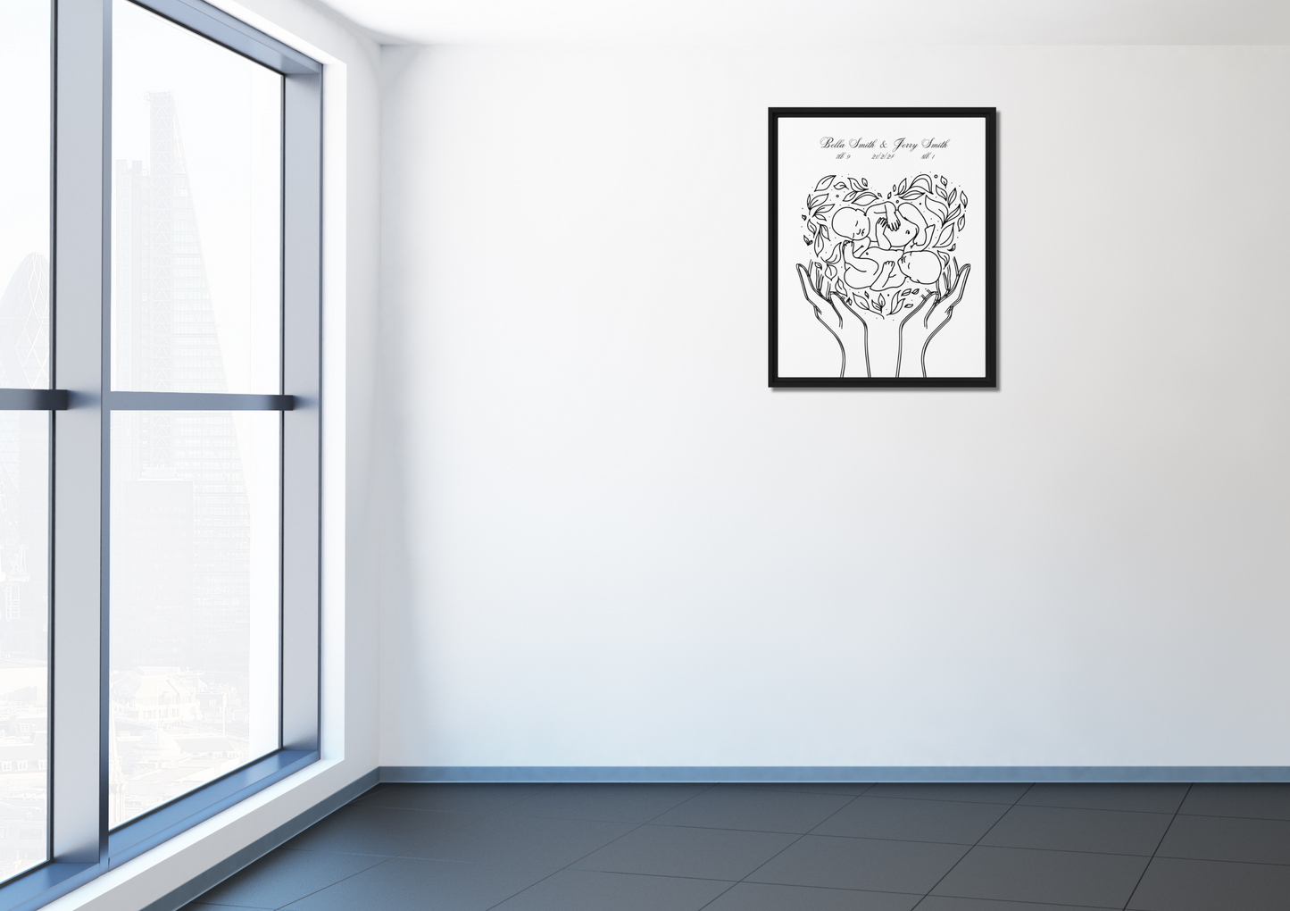 Personalized twins canvas art featuring custom line art design with names and birth details, perfect for celebrating twins and enhancing nursery decor.