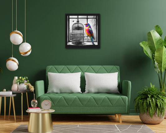 Framed canvas art print featuring a colorful rainbow bird next to a black and white birdcage. Symbolic wall decor for modern and unique home spaces.