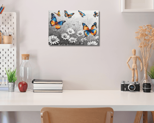 Stretched "{{product-type}}" with vibrant, colourful butterflies flying over a black and white field of daisies. The "{{title}}" design is a beautiful piece of nature-inspired wall art.