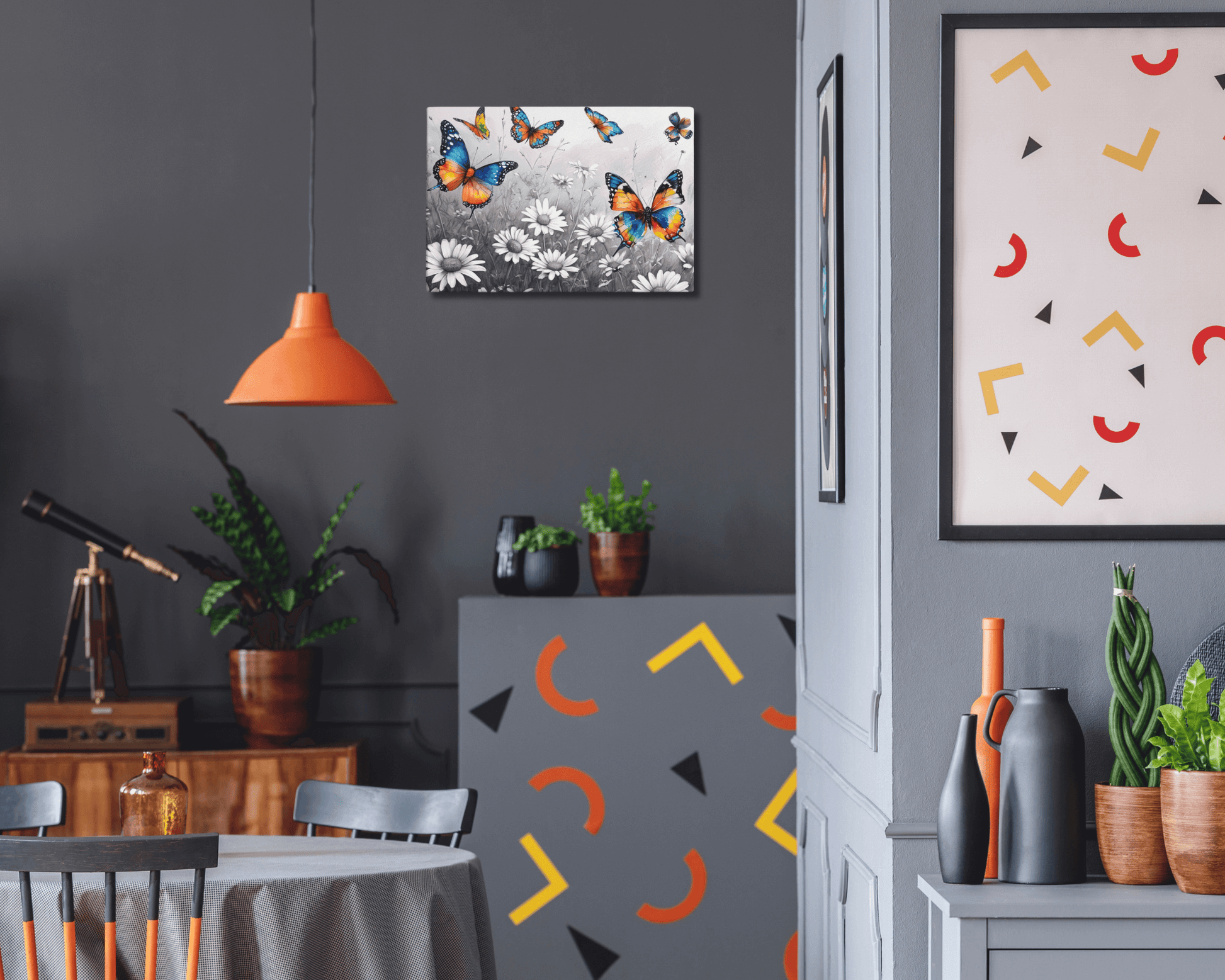 Stretched "{{product-type}}" with vibrant, colourful butterflies flying over a black and white field of daisies. The "{{title}}" design is a beautiful piece of nature-inspired wall art.