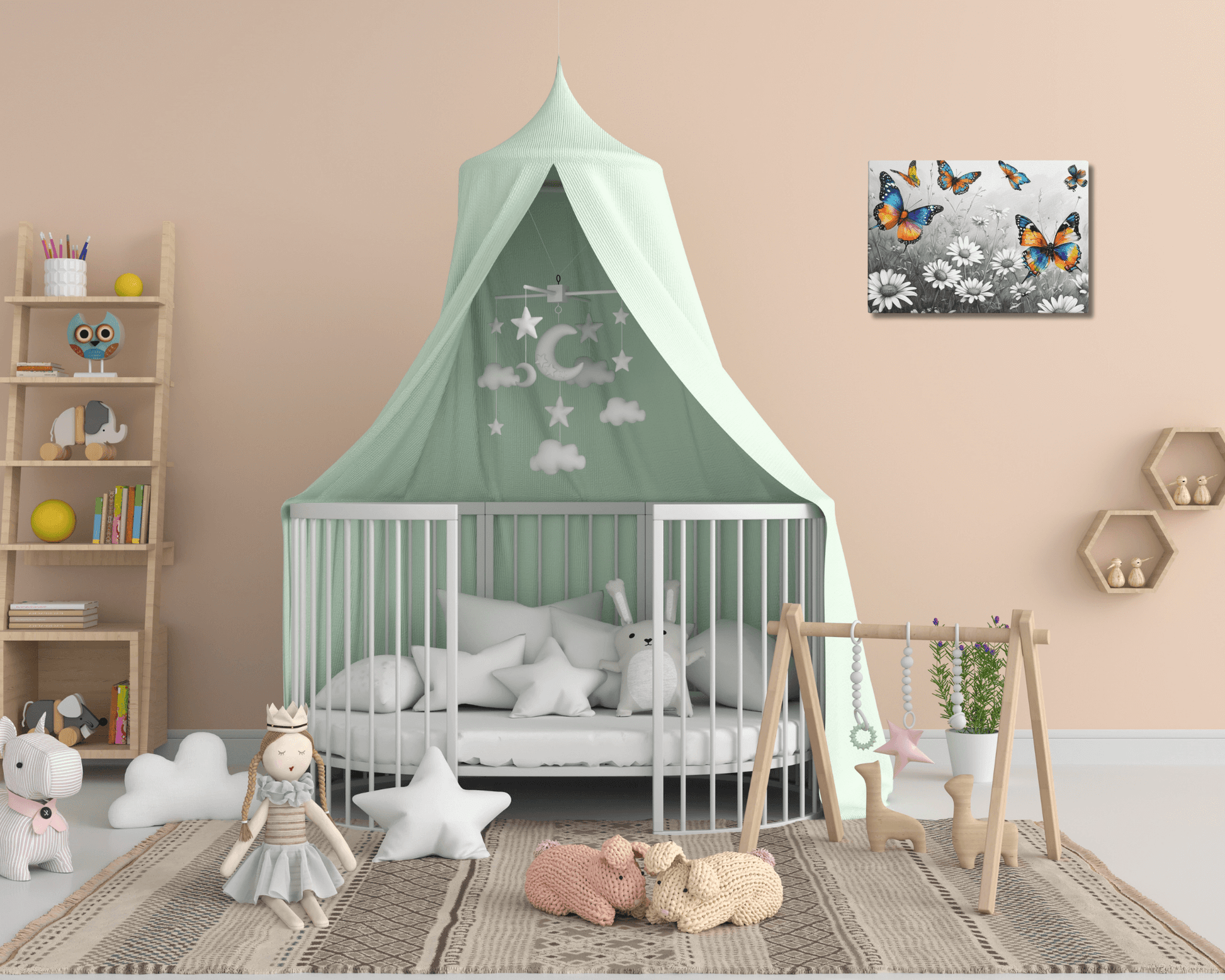Stretched "{{product-type}}" with vibrant, colourful butterflies flying over a black and white field of daisies. The "{{title}}" design is a beautiful piece of nature-inspired wall art.