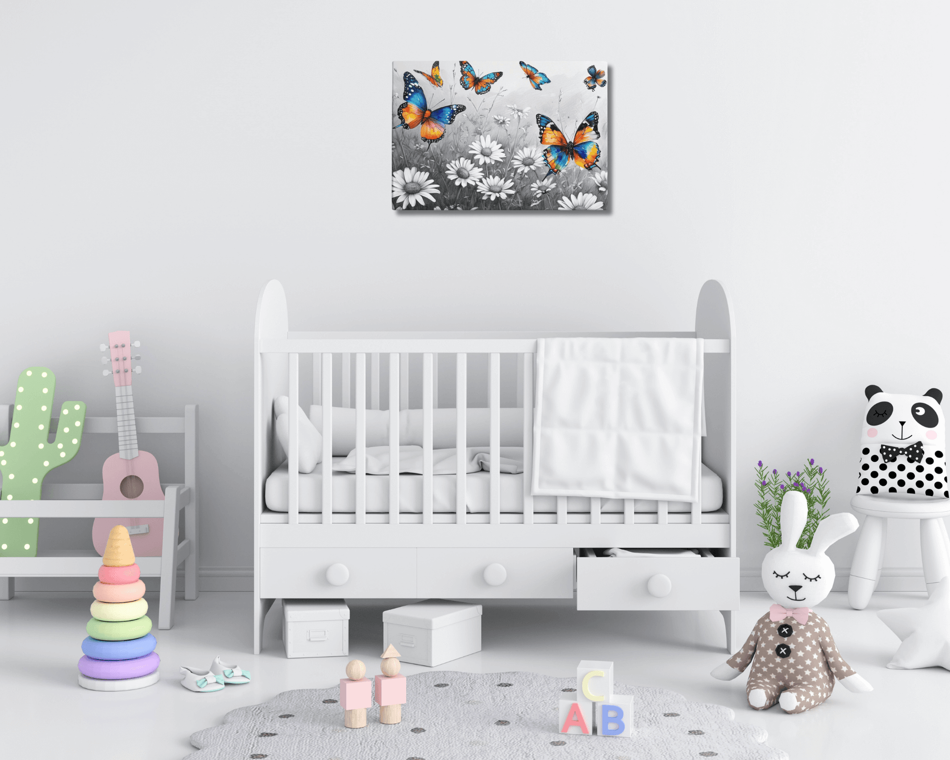 Stretched "{{product-type}}" with vibrant, colourful butterflies flying over a black and white field of daisies. The "{{title}}" design is a beautiful piece of nature-inspired wall art.